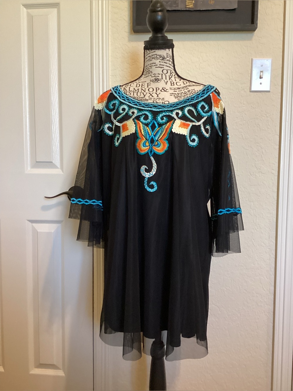 Embroidered Black Midi Dress with Turquoise & Orange Butterfly Detail